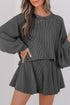 Corded Lantern Sleeve Top Ruffled Mini Skirt Two Piece Dress